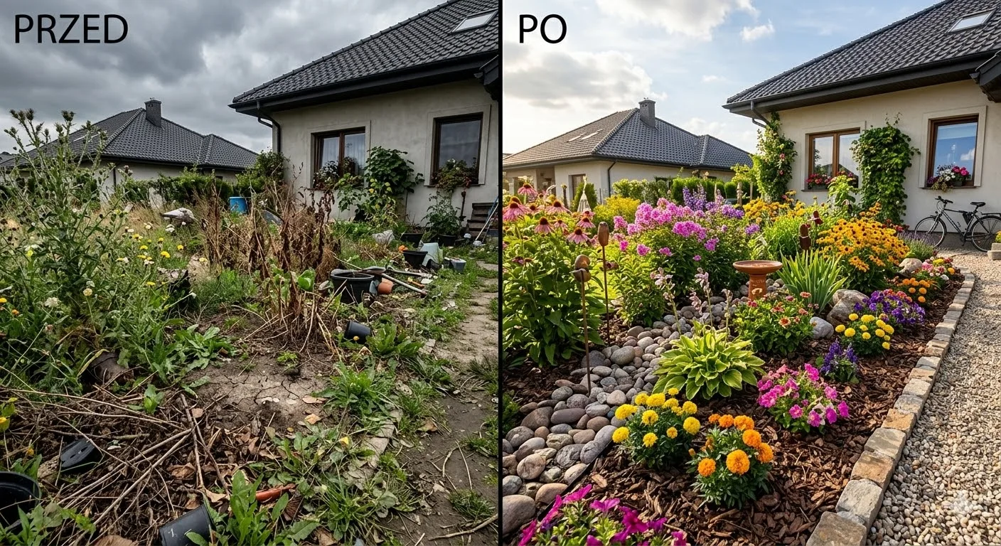 Rabata kwiatowa przed i po — zachwaszczona ziemia zamieniona w kolorowe nasadzenia sezonowe