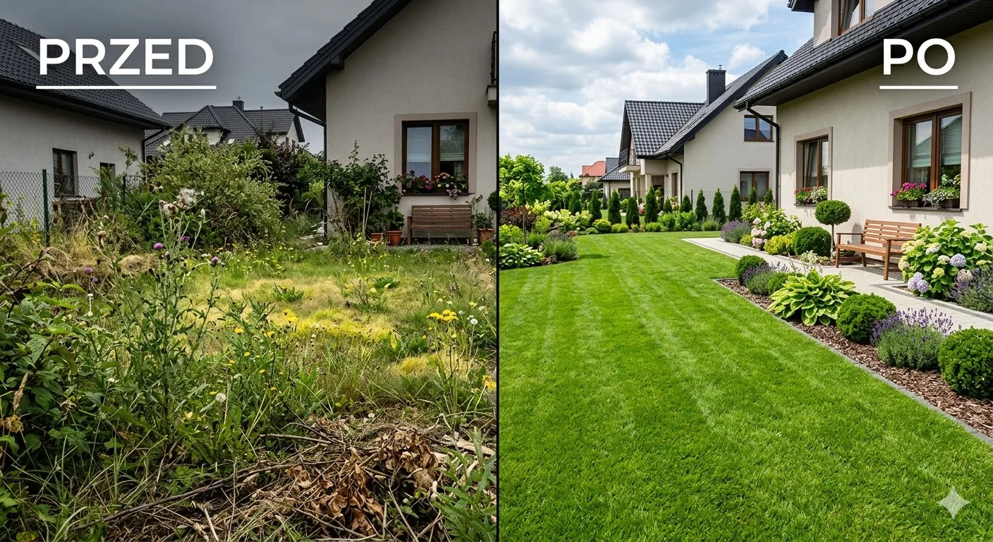 Trawnik przed i po koszeniu — zaniedbany trawnik zamieniony w równo skoszony dywan zieleni