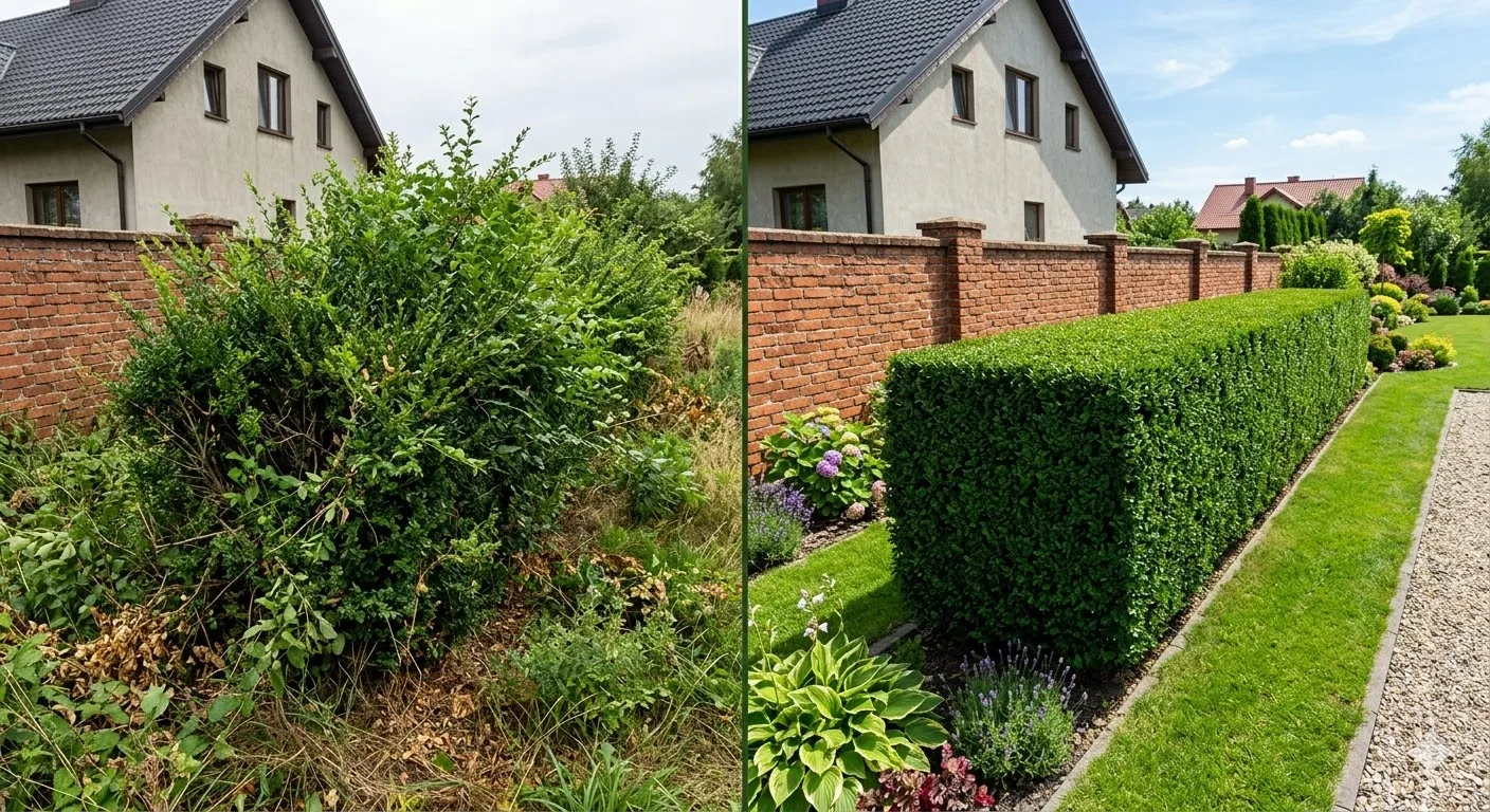 Żywopłot przed i po przycinaniu — chaotyczne gałęzie zamienione w równą geometryczną formę