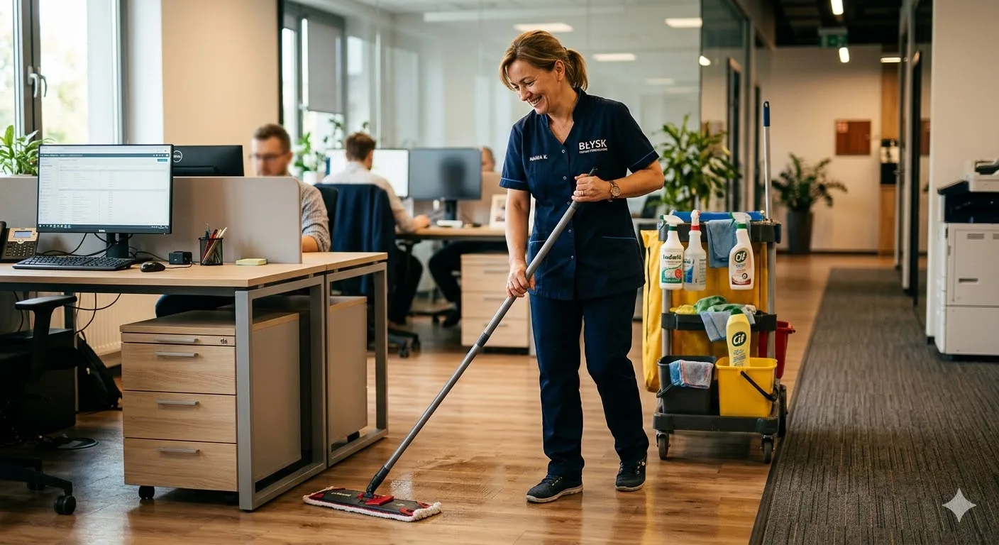 Pracownica firmy sprzątającej podczas serwisu biurowego we Wrocławiu